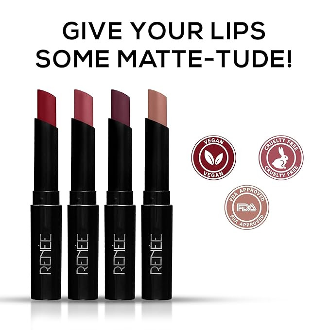 RENEE Very Matte - Pack of 4 Matte Lipsticks, Intense Color Pay Off, Full Coverage Long Lasting Weightless Velvety Formula