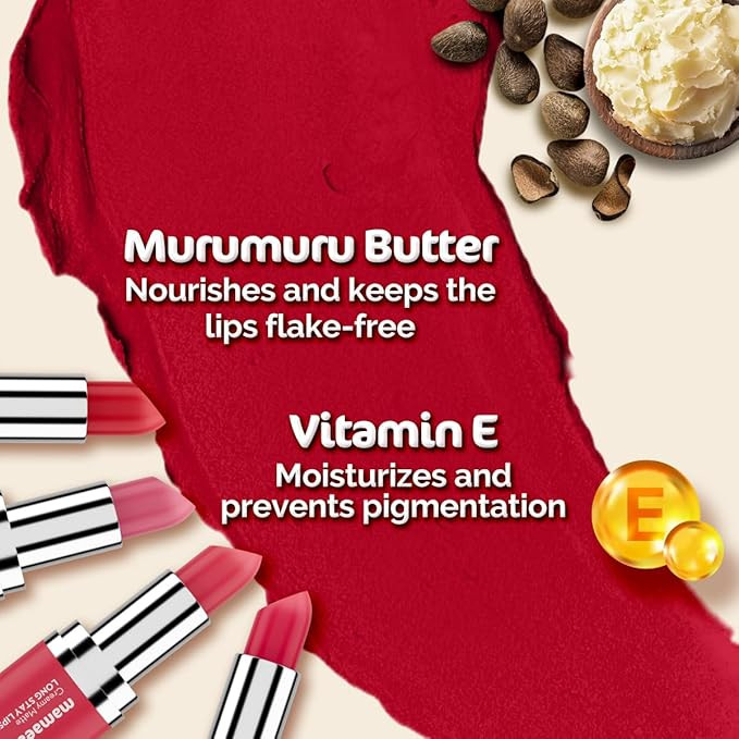 Mamaearth Creamy Matte Long Stay Lipstick with Murumuru Butter and Vitamin E for 8-Hour Long Stay (Flakeproof & Non-Drying | Intense Color Payoff) - 4.2g (Ruby Crush)