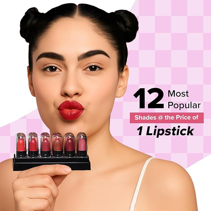 Mila Beauté 12 Creamy Matte Mini Pout Party Lipstick Kit | Lip Hydrating & Light-weight | Long Lasting Lipsticks for Women | Suitable All Indian Tones | Shade - Pinks & Reds 12g