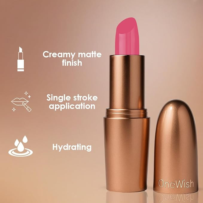 One Wish Creamy Matte Lipstick Long Lasting for Women – Hot Pink Era Shade 01 | Full Coverage | Creamy Formula | Vitamin E, Almond Oil & Shea Butter for Moisturising Lip | 8 Hrs Lasting | Smooth Finish | 3.8 gm