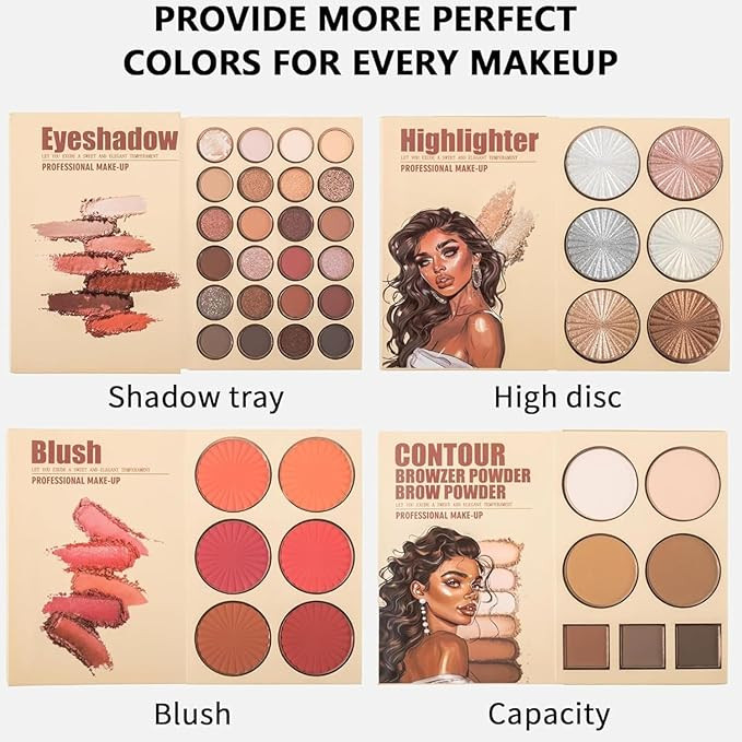 Essential All in One 4 Pages Face Makeup Book Palette Combo Kit Set - Eyeshadow Palette, Highlighter, Blusher, Contour, Bronzer, Eyebrow Color- Professional Kit for a Flawless Look (Women)