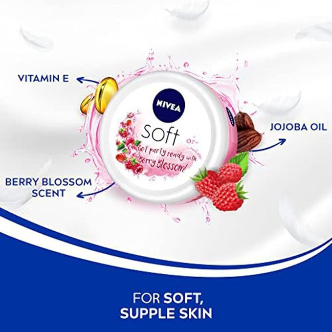 NIVEA Soft Light Moisturizer 100ml | Berry Blossom | For Face, Hand & Body, Instant Hydration | Non-Greasy Cream | With Vitamin E & Jojoba Oil | All Skin Types