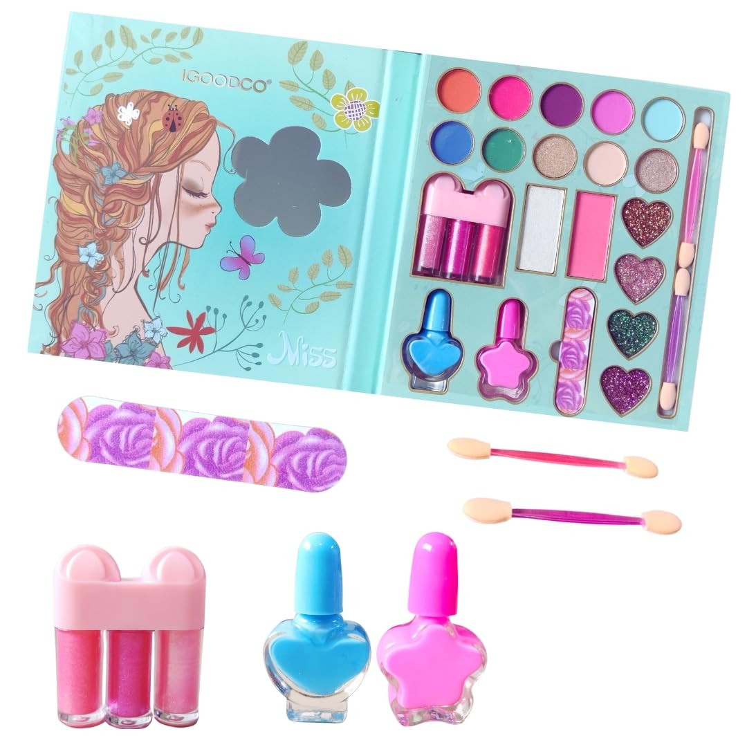 PLUSPOINT Kids Makeup Kit for Girl, Washable Makeup Set for Girls, Makeup Set for Kids, Girl Toys Children Play Makeup Kit with Folding Case Birthday Gifts for Girls Age 4 5 6 7 8 Year Old