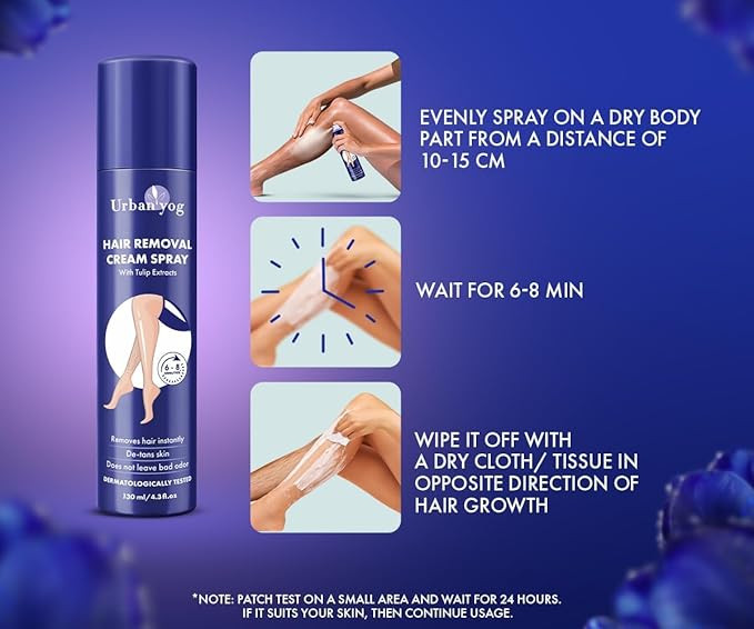 Urban yog Hair Removal Cream Spray for Women | Painless Body Hair Removal Spray for legs, hands, underarm & back (130 ML, Tulip (Blue))