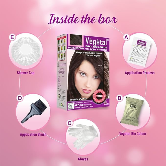 Vegetal Bio Hair Colour - Dark Brown |150g | Achieve Natural, Ammonia-Free Hair Color | PPD-Free, 100% Herbal Certified Organic for Men and Women | UV Protection and Luster Maintenance |Complete Kit