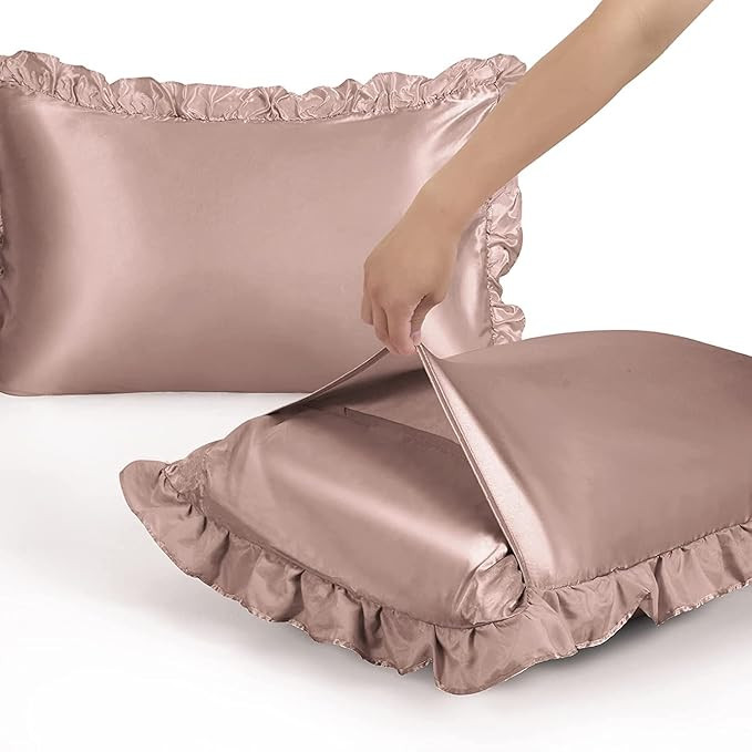 GO WELL Ruffle Satin Pillowcase for Hair and Skin, Standard Size Satin Pillow Covers Silky Pillow Cases Set of 2, Satin Ruffled Pillowcase with Envelope Closure,Silk Pillow case(Rose Taupe) 1000TC