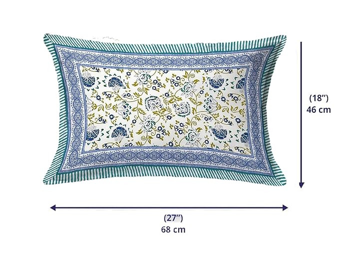 ElanorHomes 180 TC Pure Cotton Pillow Covers Set of 2, Bedroom Pillows with Zip Closure, Soft Smooth Cool Breathable Pillowcases for Home (Blue Shalimar Glow)