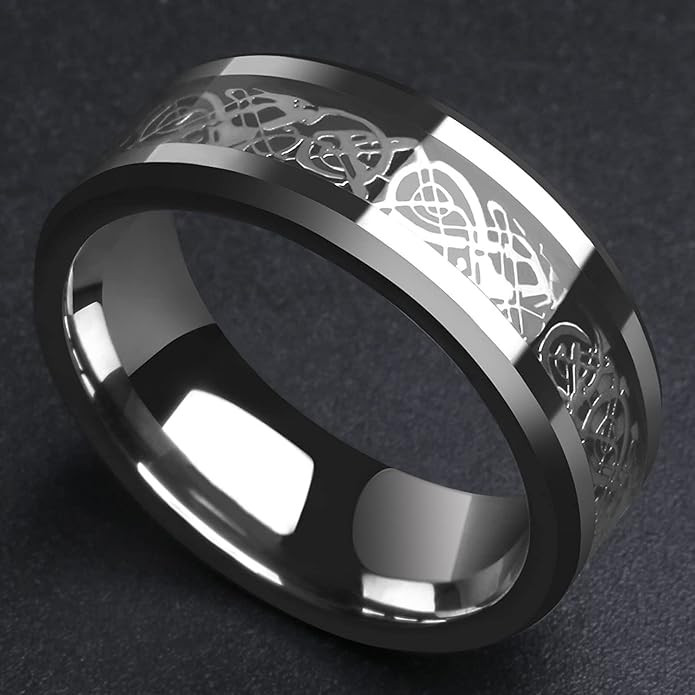 Yellow Chimes Rings for Men Dragon Celtic Inlay Polish Finish Silver Base Titanium Steel Band Ring for Men and Boys.