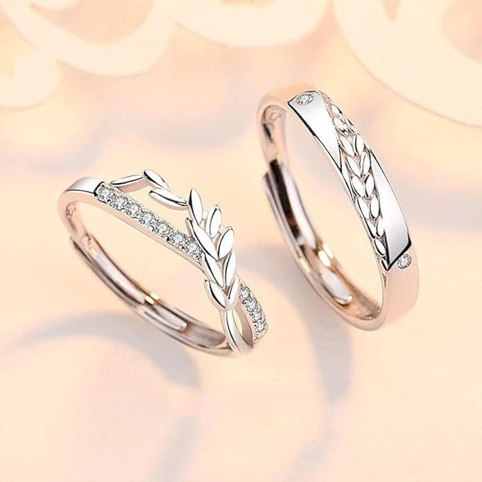 Silver Leaf Design Couple Rings – Matching Promise Rings with Diamond Accents for Him & Her – Nature-Inspired Engagement & Anniversary Jewelry