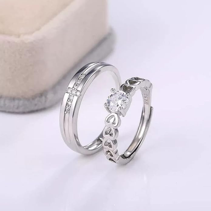 University Trendz Valentine Special Silver Plated CZ Adjustable Couple Finger Ring for Men/Women/Lovers (Pack of 2)