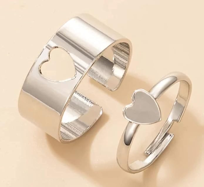 Vembley Stylish Valentine Day Gift Silver Heart Couple Ring Matching Wrap Finger Ring For Women And Men - Adjustable