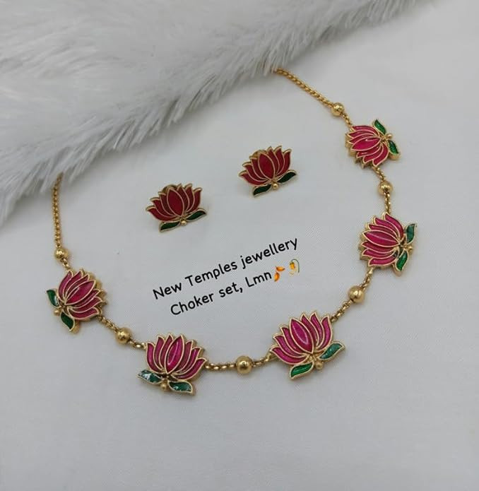 Traditional Lotus Flower Design Necklace Jewellery Set for Women & Girls | Gold Plated Alloy with Earrings | Cubic Zirconia, Adjustable Design No TM384