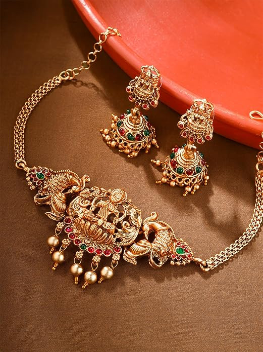 Yellow Chimes Temple Jewellery Set | Gold Plated Traditional Choker Necklace | Ethnic Gold Plated Choker Necklace Set for Women | Birthday Anniversary Gift for Wife