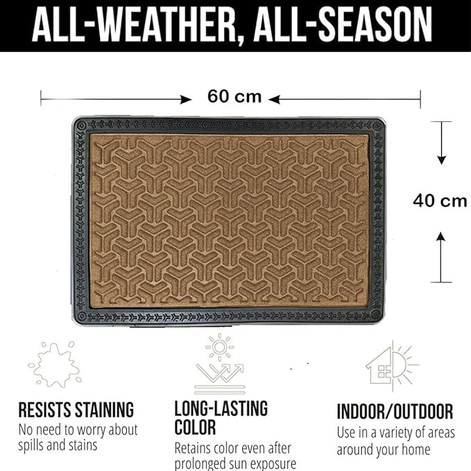ishro home Premium Door Mat for Home Entrance,Waterproof All-Season, All-Weather Doormat, Sturdy Natural Rubber, Fade Resistant, Low Profile, Easy Clean, Heavy Duty (60X40 cm) (Beige) Rectangular