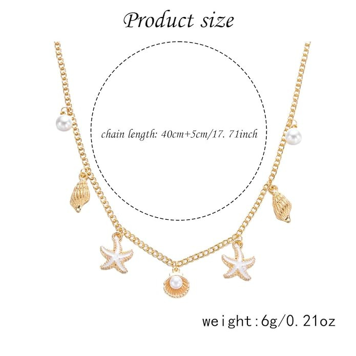 Shell Necklace for Women, Beach Jewellery with Starfish and Seashell Pendants, Boho Stylish Chains for Women, Aesthetic Gifts for Girls, Gold Layered Necklace for Daily and Special Occasions