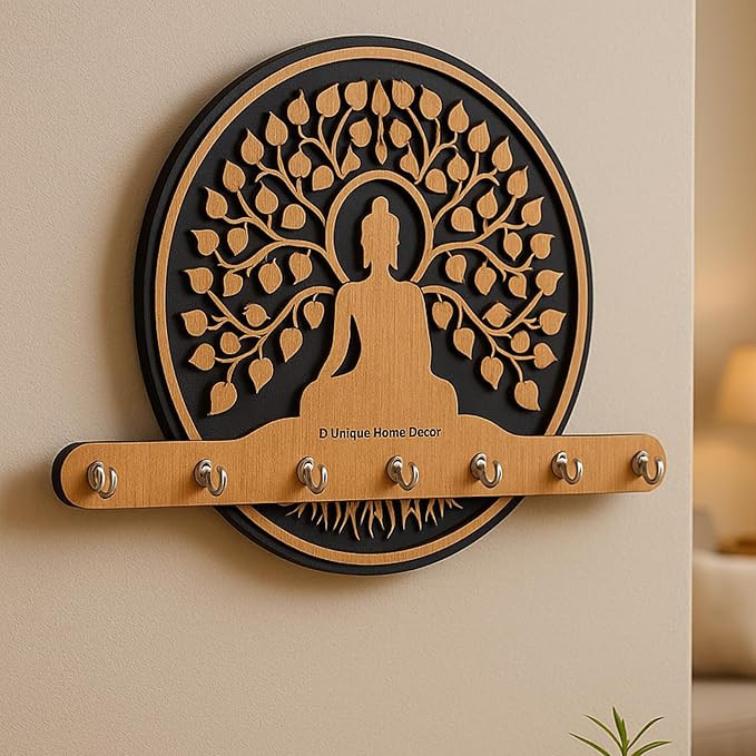 Premium 3D Wooden Key Holder with 6 Stainless Steel Hook for Living Room Wall Decor (Buddha Key -1)