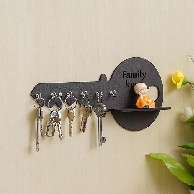 Webelkart Premium Key Shape Key Chain Holder with Wall Shelf for Showpiece and Mobile, Wall Hanging Key Holder for Home and Office Decor 11.61" Inches - 6 Hooks - Diwali Decorations Items for Home