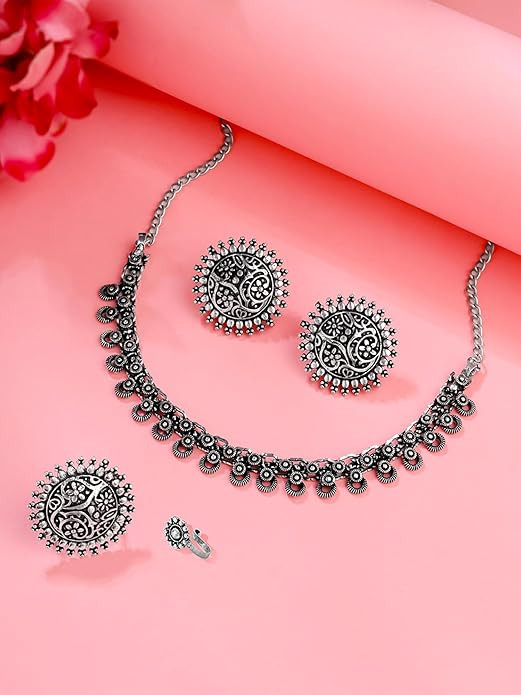 Yellow Chimes Oxidised Necklace Set For Women And Girls German Silver Oxidised Designed Ethnic Jewellery Choker Necklace Set For Women And Girls