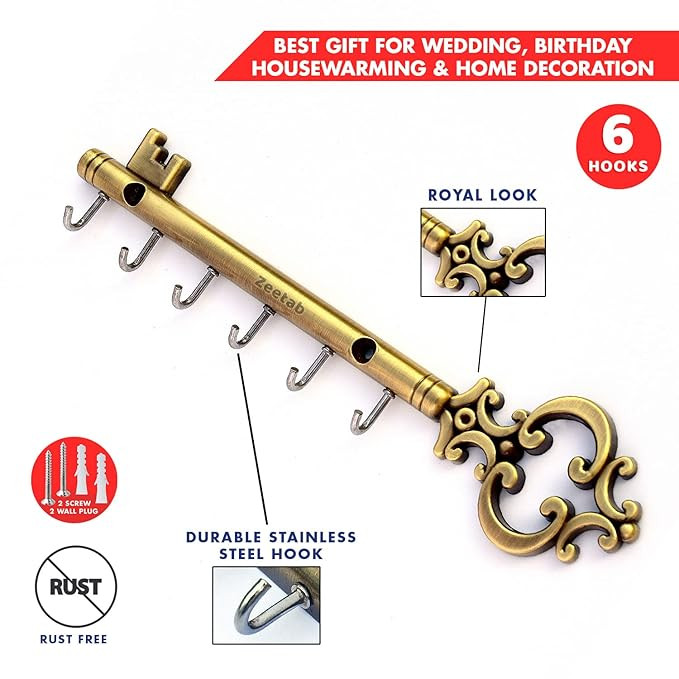 Royal Key Holder | Rajwadi Key Stand with 6 Hook & Brass Metal Wall Mount Hanger | Home Decor Gift (24x6cm) (Antique)