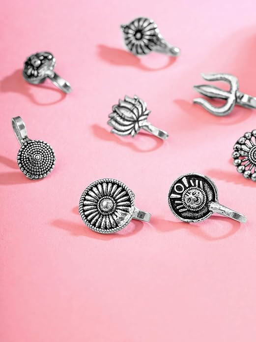 Yellow Chimes Beautiful Classic Designs Non- Piercing 8 Pcs Combo Nose Ring for Women (Oxidized Silver) (YCTJNP-01OXD8PS-SL)