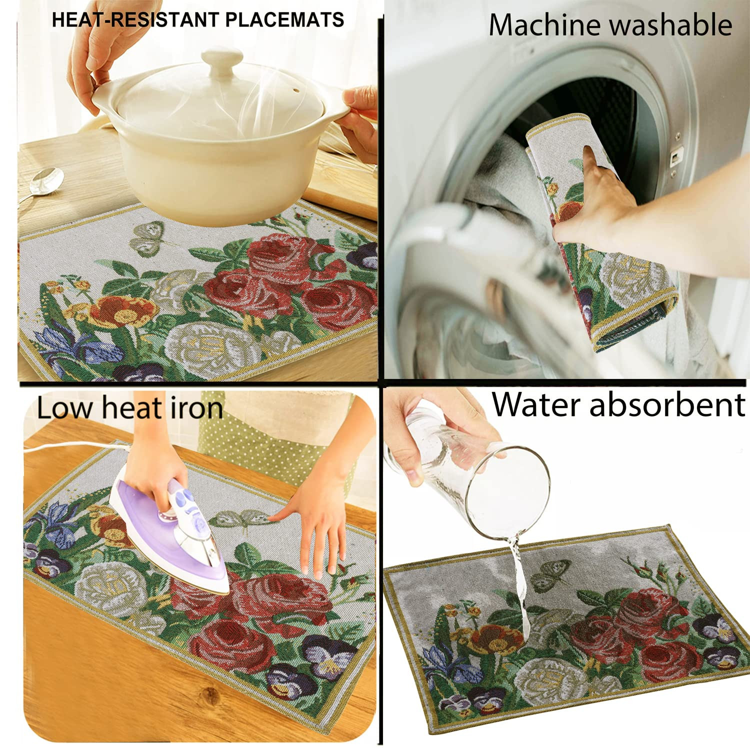 Rose Flower & Leaves Eco-Friendly Cotton Dining Table mats – Reusable, Machine Washable, Everyday Use Red & Yellow Rectangular Placemats, Set of 6 (33x47 cm)