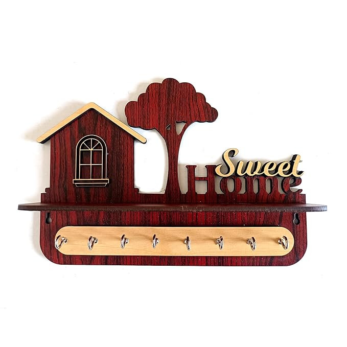 lampees Home Decor Unique Stylish Wooden Key Holder for Wall Decor with Stylish Stainless Steel 8 Hooks Beautiful Key Organizer for Home Decoration (Style01)