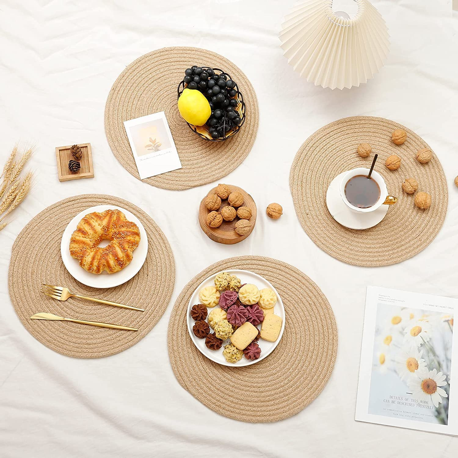 Handmade Round Coaster PlaceMat for Dinning Table,Pan,Hot Dishes and Pots Set of - 4 (10 X 10 Inches) Beige,Cotton