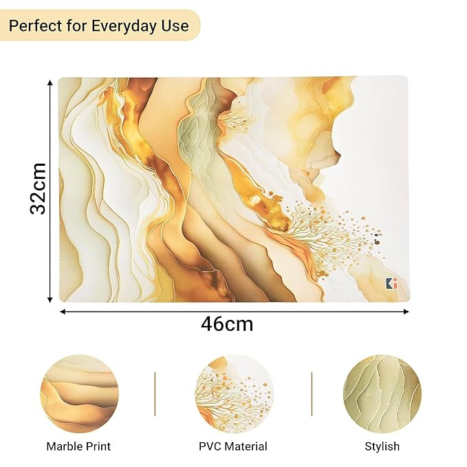 Kuber Industries 6 Pcs Set Wipeable & Reusable PVC Placemats for Dining Table | Food Mats & Dining Table Accessories for Home, Bedroom & Kitchen | Marble Print - Cream & Gold