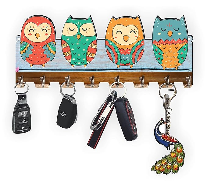 Owl Digital UV Printed Wooden Key Holder for Home and Office Decor, Key Holder for Living Room, Bedroom, Hall, 8 Stainless Steel Hooks