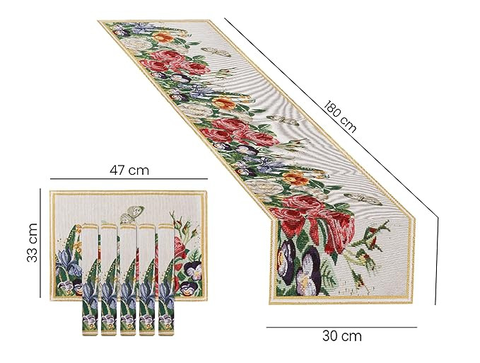Rose Flower & Leaves Eco-Friendly Cotton Dining Table Mats with Runner – Reusable, Machine Washable , Everyday Use Red & Yellow Rectangular Placemats, Set of 6+180 cm Runner