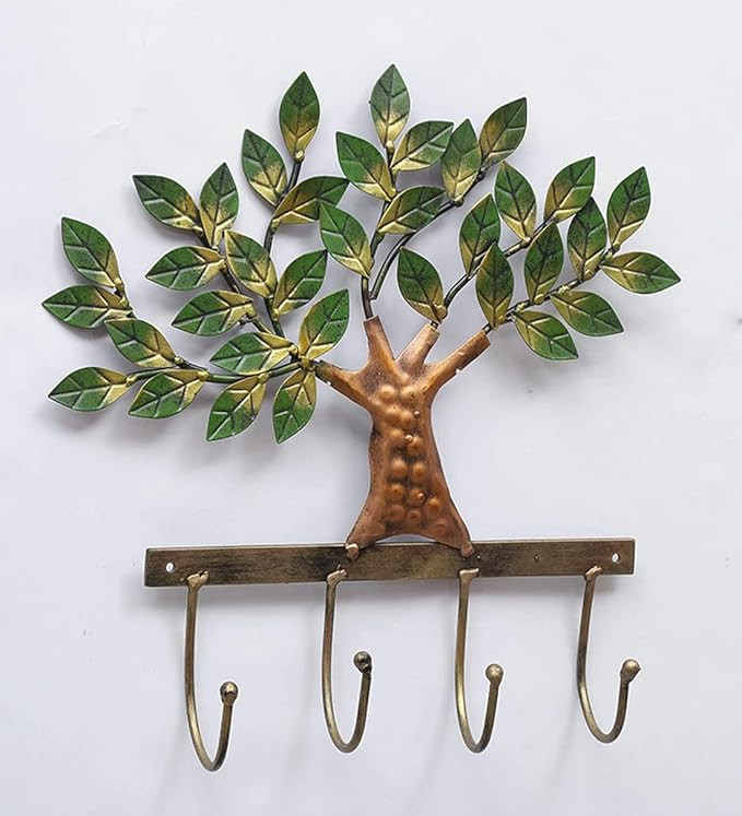 Neem Tree Key Holder Wall Art Metal Wall D cor |Premium Design Key Hanger, Coat Hanger, and Umbrella Hanger for Entryway|Size: 40cm x 38cm |Ideal for Home Decor