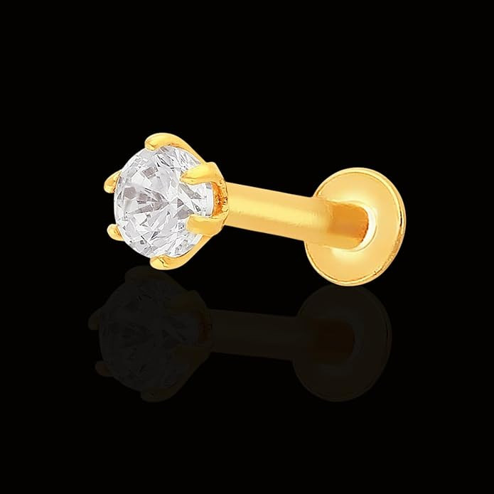 VAMA FASHIONS Gold Diamond Round Single Stone Pierced Screw Nosepin Mild Piercing Stylish Nose Ring Stud For Women & Girls (Size 4mm)