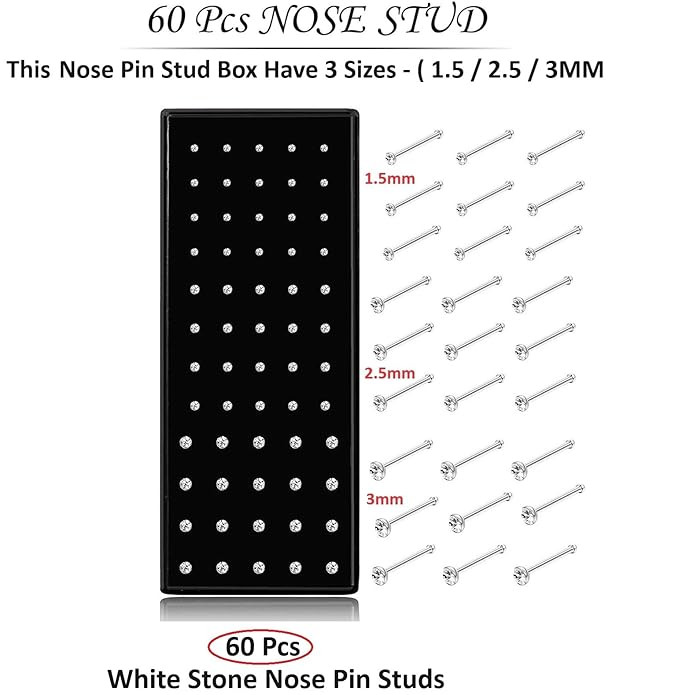 VAMA FASHIONS Body Piercing Jewelry Hole Nose Hoop Ring Sterling Nose pin Studs for Women & Girls (60 Pcs - 1.5/2.5 / 3mm)