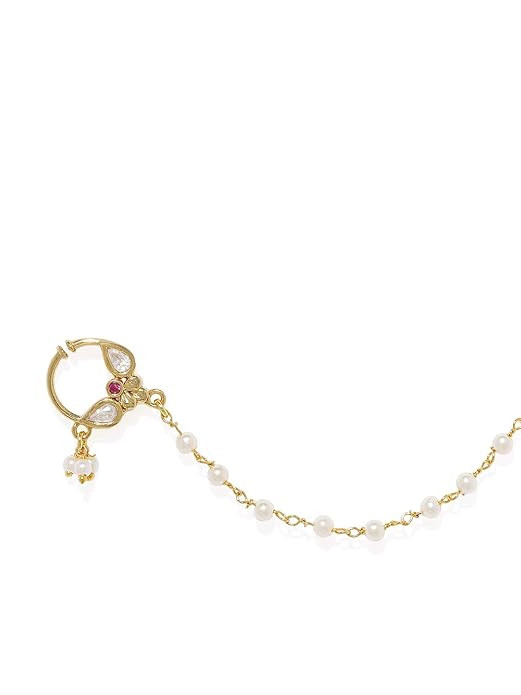 ACCESSHER Gold Plated Traditional and Ethnic Ruby Kundan Embellished Delicate Clip On/Non-Piercing Nose Ring/Nathani with Pearl Chain for Women Pack of 1