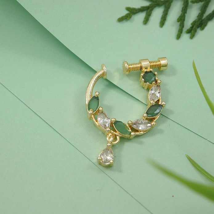 I Jewels Gold Plated Traditional Ethnic Nose Ring/Nath Without Piercing Encased with Stones for Women