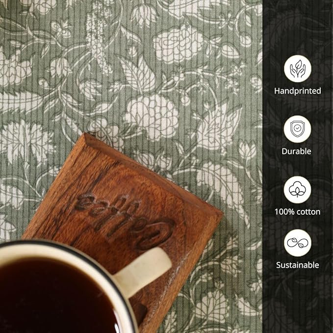 Peepul Tree Pure Cotton Table Cloth 4 Seater |Dining Table Cover - Size 48 x 48 Inches| Green and Off White Floral Collection Table Cover | Hand Printed Table Cloth | Home Gifts