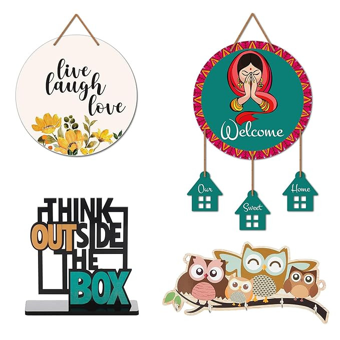 Solimo Designer MDF Wall Hangings & Key Holder Combo Set For Home Decor | Combo Set | Home Décor Items | Wall Decor | Multicolor | Set of 4
