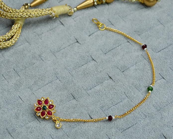Traditional Gold-Plated Bridal Nath Cubic zirconia, Ruby Stone & Emerald Studded Gold Chain Non-Pierced Clip-on Nathiya For Women and Girls