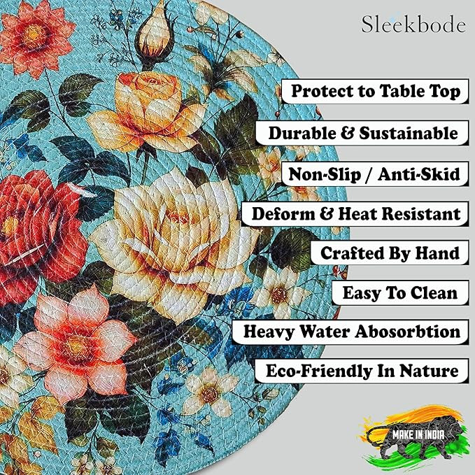 Placemat for Dining Table | Cotton Tablemat | Bed Side Table Mat | Cotton Round Shape Placemat | Round Table Mat | Dressing Tablemat (2, Red Rose Flower)