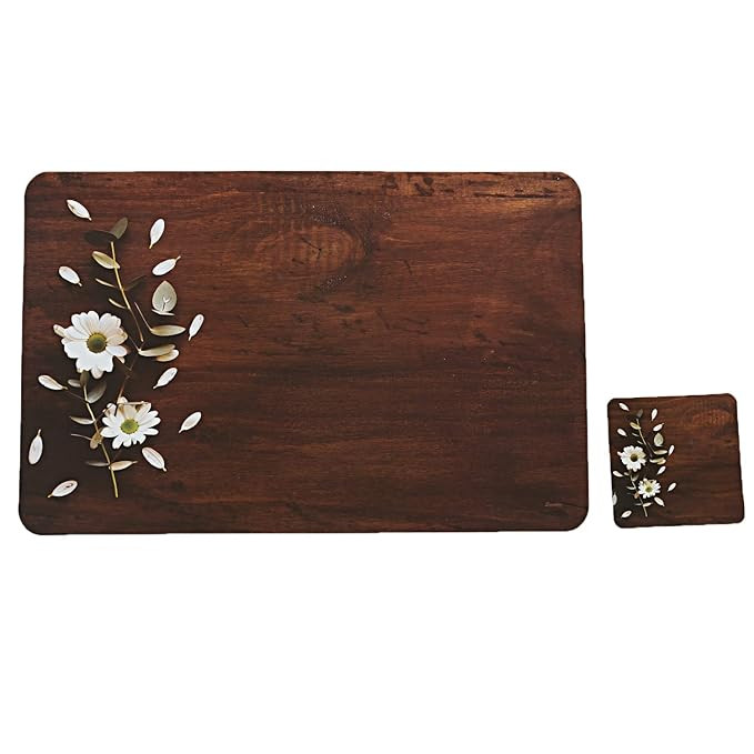 Kuber Industries PVC Wooden Design Table Placemat Set with Tea Coasters|Rectangular Shape & Floral Print|6 Placemat & 6 Tea Coaster, Pack of 12 (Multicolour)