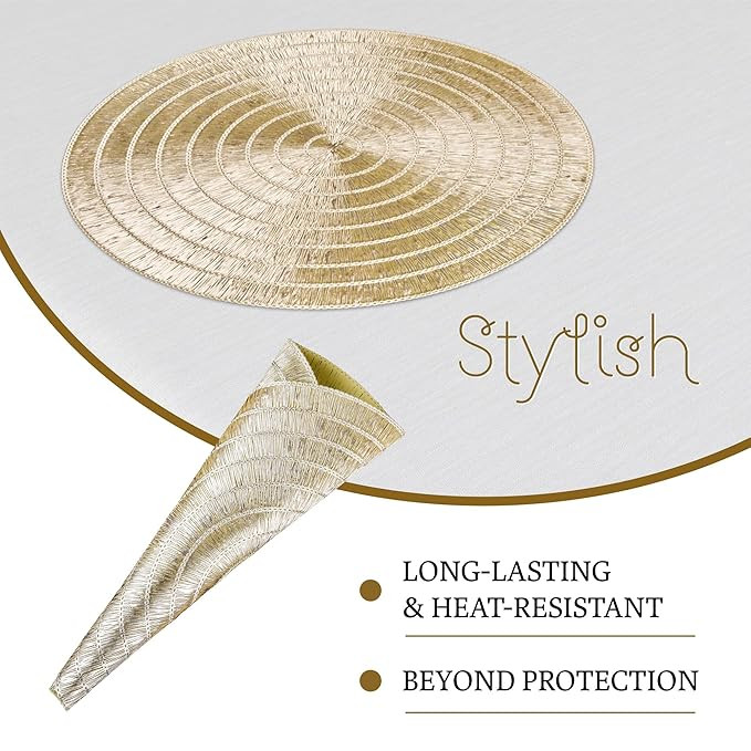 Kuber Industries Set of 6 Table Mats | Round Placemat for Dining Table | Tableware Decor | Heat-Resistant | Placemats for Cakes & Desserts | Leather Kitchen Placemat | Jute Circle | Golden