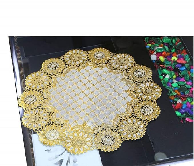 Kuber Industries Floral Design Virgin Viny Soft Fabric 6 Pieces Dining Table Round Placemat Set, Gold - CTKTC045907(Microfibre)