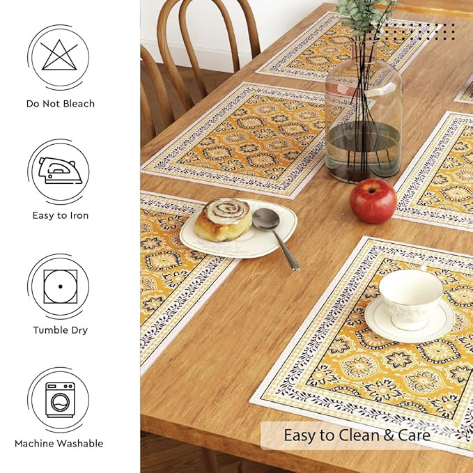 Encasa XO Dining Table Mats Set of 6 | Yellow-03 Block Printed Cotton Canvas Placemat - 46x32 cm | Jaipur Sanganeri Hand Print