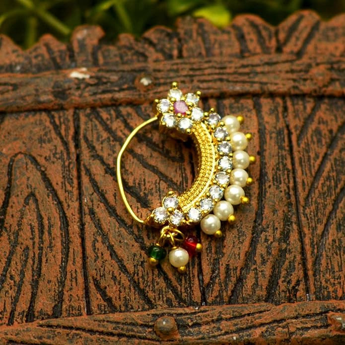 Maharashtrian Nath CZ Nose pin Traditional Bridal Nath Wedding Jewellery Marathi AD Nose Stud non piercing Pearl Gold Plated Clip On Press Nath Nose Ring For Girls