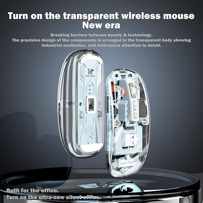 Arctic Fox Pureview Transparent Wireless and Bluetooth Rechargeable Mouse, USB Receiver,LED Battery Magic Silm for Office/PC/Mac/Laptop/Apple/ipad(Frost White)