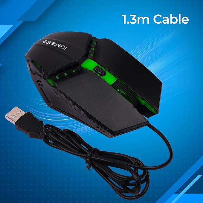 ZEBRONICS PHERO Wired Gaming Mouse with up to 1600 DPI, Rainbow LED Lights, DPI Switch, High Precision, Plug & Play, 4 Buttons