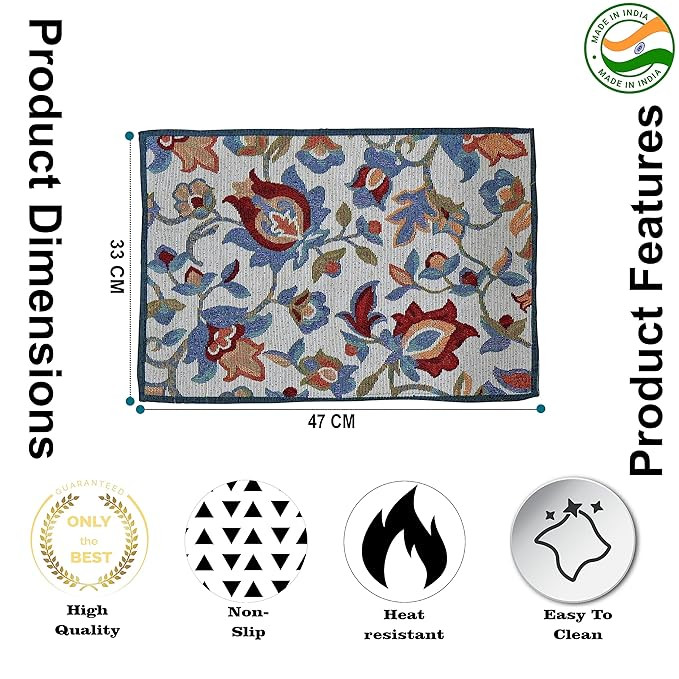 Rangoli Flower Tapestry Eco-Friendly Cotton Dining Table mats – Reusable, Machine Washable, Everyday Use Multiclor Rectangular Placemats, Set of 4 (33x47 cm)