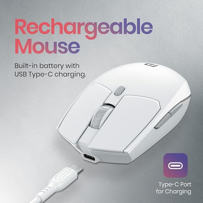 Portronics Toad 36 Wireless Mouse, 2.4GHz, Rechargeable, 6 Buttons, 1600 DPI, Ergonomic Thumb Support, Universal Compatibilty, Built-in-Battery, for Windows/Mac/Android/iOS(White)