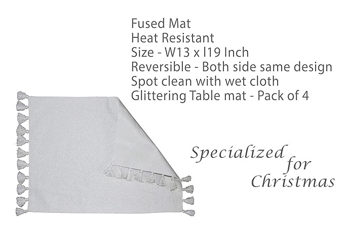 HOME COLORS.IN Cotton Lurex Rectangular Dining Table Placemats - Christmas Glittering Weave Tussle Tablemat - Set of 4 (13x19 Inch, White)