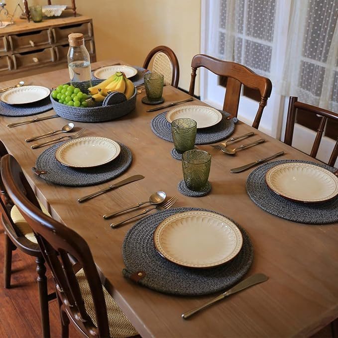 Cotton Rope Placemat and Coaster Set, Natural Beige, Round Woven Design, 6 Placemats with 6 Coasters & Stand (Gry Mix White)